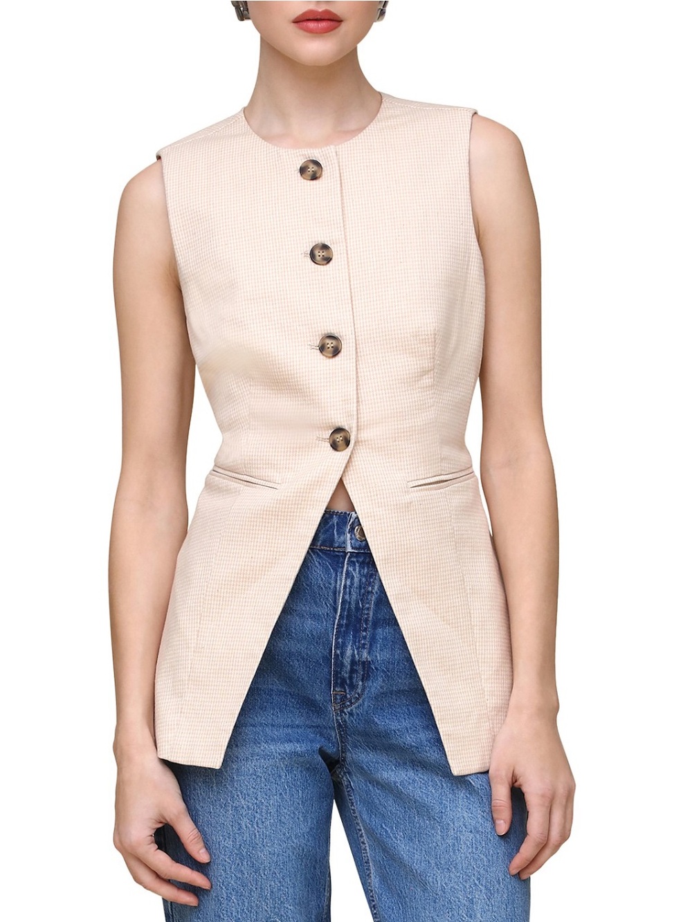 Bagatelle Gingham Wheat Longline Linen Blend Vest Size Lg